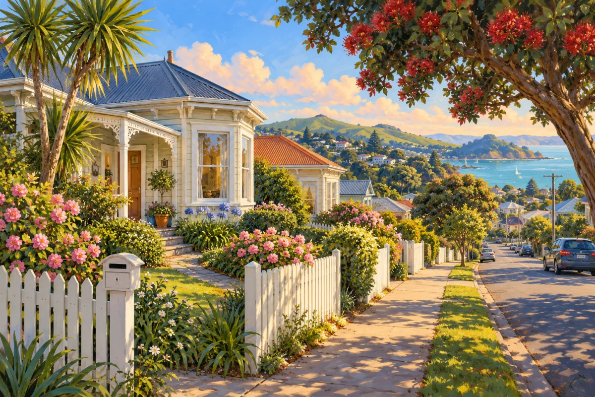 A painted New Zealand neighbourhood with colourful villas, flowering gardens and a path towards the harbour